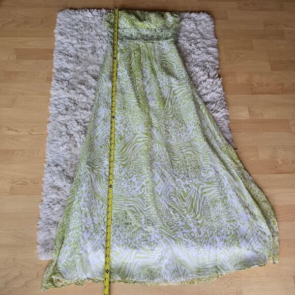 CAMILLE LA VIE Womens Maxi Dress Animal Print Lime Green 100% Silk Size 2 Glam - Picture 7 of 11